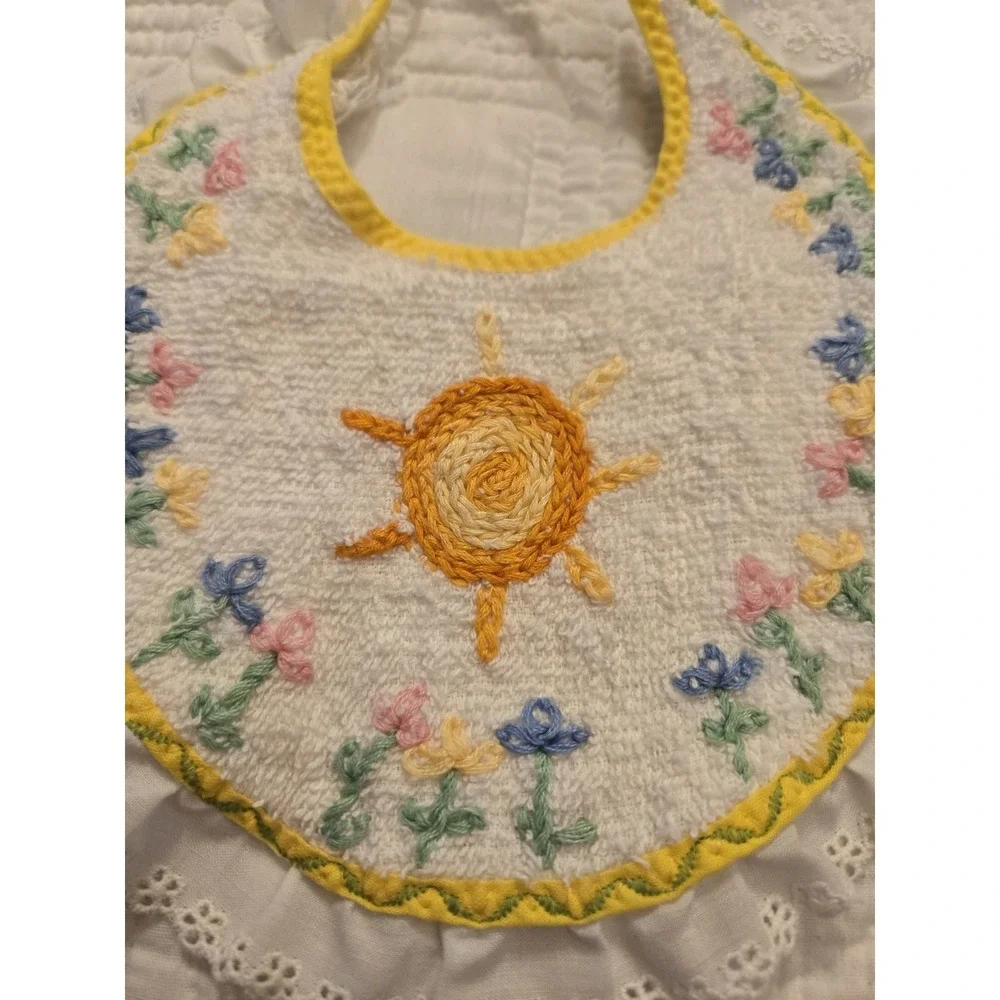 Vintage BABY BIB Embroidered Sun Flowers On Terry Cloth Eyelet Lace Ruffle